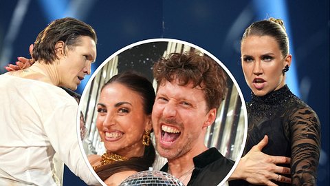 Collage: Auch Mariia Maksina und Evgeny Vinokurov schauen angespannt, Ekaterina Leonova und Valentin Lusin jubeln. Sie halten die Profi-Challenge-Trophäe 2025 in der Hand - Foto: RTL / Stefan Gregorowius