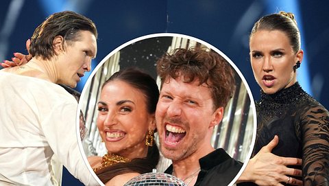 Collage: Auch Mariia Maksina und Evgeny Vinokurov schauen angespannt, Ekaterina Leonova und Valentin Lusin jubeln. Sie halten die Profi-Challenge-Trophäe 2025 in der Hand - Foto: RTL / Stefan Gregorowius
