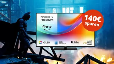 Ein Panasonic-Fernseher vor einem Batman: The Dark Knight-Hintergrund. - Foto: Panasonic/Warner Bros./TV Movie