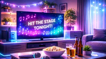 Futuristisches Karaoke-Setup im Wohnzimmer: Zwei Mikrofone liegen auf einem Tisch vor einem großen Fernseher mit leuchtenden Musiknoten, umgeben von farbigem LED-Licht und gemütlicher Atmosphäre. - Foto: TVM/ChatGPT