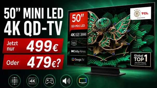 50-Zoll-Fernseher TCL 50C7K im Angebot - Foto: TV Movie / KI 50-Zoll-Fernseher TCL 50C7K im Angebot - Foto: TV Movie / KI