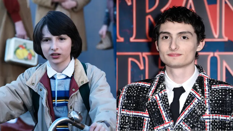 Finn Wolfhard als Mike Wheeler Zwei Bilder nebeneinander: Links die Figur Mike Wheeler aus „Stranger Things“ als Kind auf dem Fahrrad, rechts Schauspieler Finn Wolfhard als Erwachsener im Anzug auf dem roten Teppich.