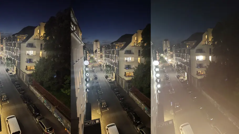Drei Nachtaufnahmen einer beleuchteten Straße.