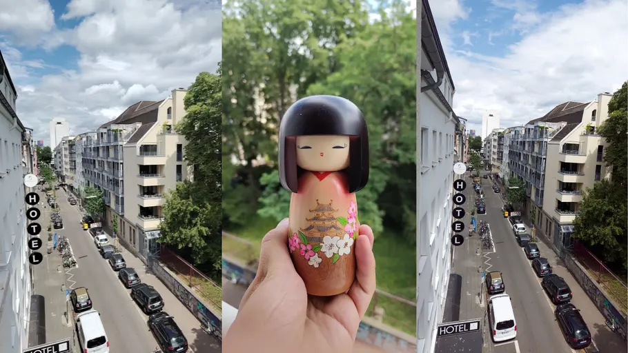 Drei Fotos, davon zwei von einer Straße bei Tag und eins von einer asiatischen Holzfigur.
