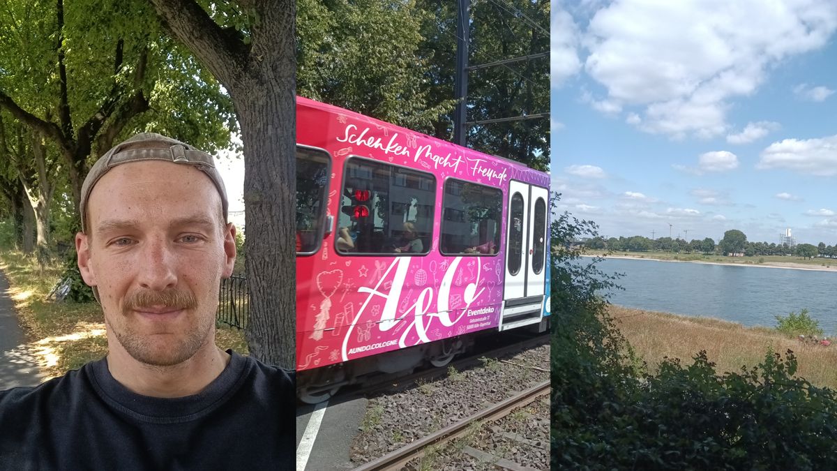 Fotos Volla Tablet bei Tageslicht Drei Fotos sind nebeneinander zu sehen: Ein Selfie eines Mannes, eine Straßenbahn und ein Fluss.