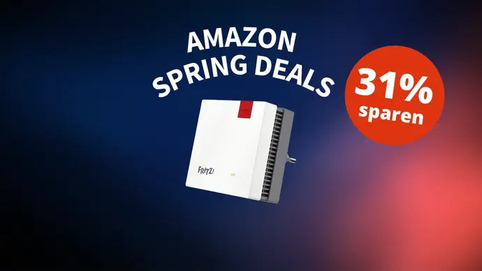 FRITZ! Repeater 1200 AX vor dunkelblauem Hintergrund mit Amazon Spring Deals Schriftzug und Rabatt-Logo - Foto: TV Movie / Canva