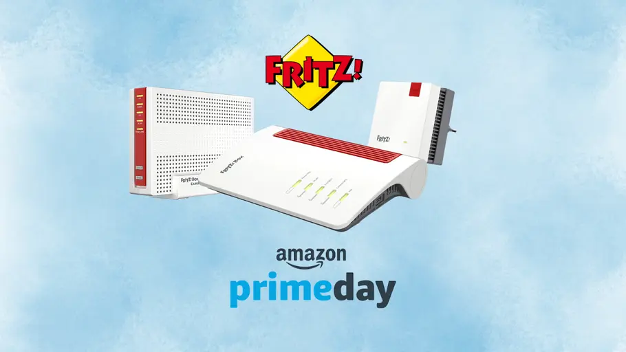 Aufmacherbild Prime Day Fritzbox! Router und Repeater von Fritz! vor einem himmelblauen Hintergrundbild und mit einem Amazon Prime Logo und Fritz!-Logo