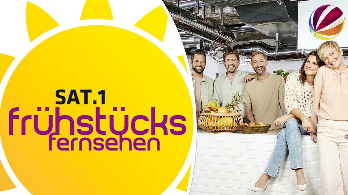 Links das „SAT.1-Frühstücksfernsehen“-Logo, rechts die Moderatoren