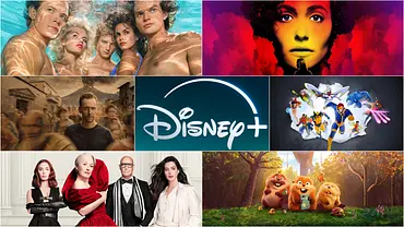 Das Disney+-Logo in der Mitte, außen Bilder aus diversen Titeln des Streamingdienstes. - Foto: Disney+