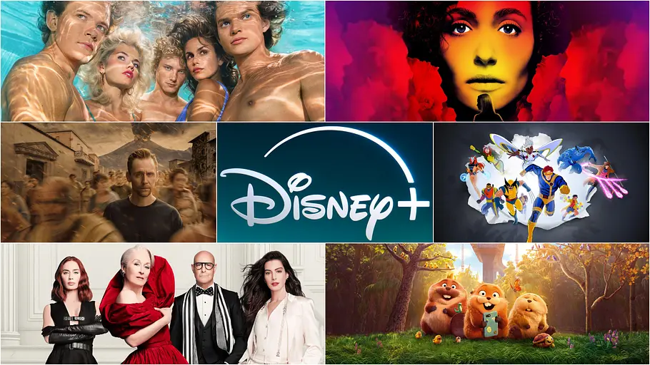 Ob wir Dolby Vision im Disney+-Angebot jemals wiedersehen werden, bleibt offen. Das Disney+-Logo in der Mitte, außen Bilder aus diversen Disney+-Titeln.