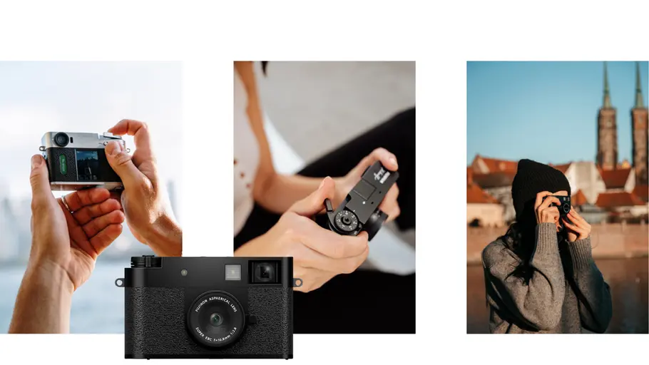 Fujifilm X-HF1 Drei Werbebilder von Fujifilm X-HF1 im Vordergrund ist die Kamera in der Frontansicht zu sehen