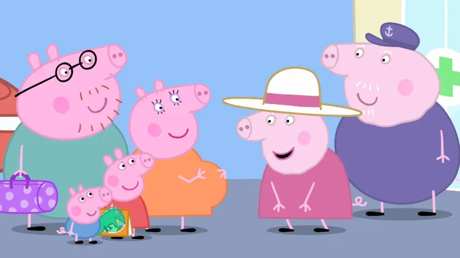 Für die Geburt wurden Peppa und Schorsch zu den Großeltern geschickt. Die Familie Wutz, Mama Wutz mit Babybauch.