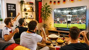 Vier Personen sitzen in einem Wohnzimmer vor einem Fernseher und jubeln einem Fußballspiel zu. Auf dem Tisch stehen Snacks und Getränke, im Raum sind mehrere Deutschlandflaggen und Fanartikel zu sehen. - Foto: tvmovie / mit KI erstellt