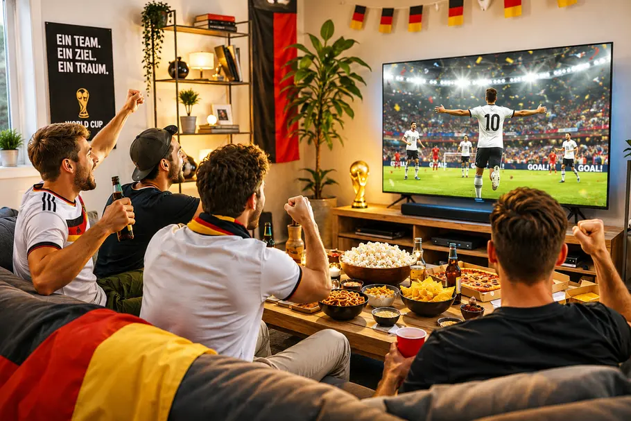 Fußball WM Abend Vier Personen sitzen in einem Wohnzimmer vor einem Fernseher und jubeln einem Fußballspiel zu. Auf dem Tisch stehen Snacks und Getränke, im Raum sind mehrere Deutschlandflaggen und Fanartikel zu sehen.