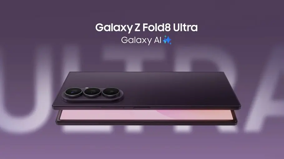 Galaxy Z Fold 8 Ultra Abbildung eines faltbaren Smartphones mit der Aufschrift „Galaxy Z Fold8 Ultra“ und „Galaxy AI“ vor violettem Hintergrund. Das Gerät ist halb geöffnet dargestellt und zeigt ein dreifaches Kameramodul auf der Rückseite.