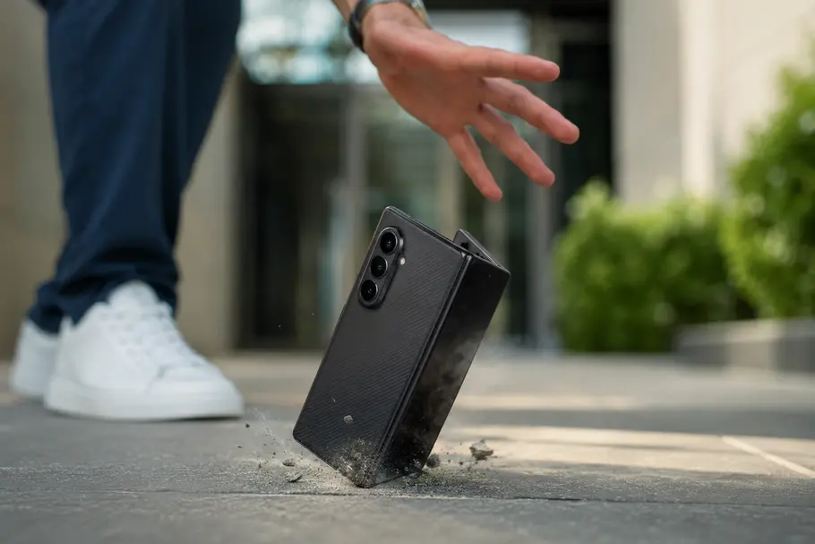 Galaxy Z Fold8 Ultra Ein zusammenklappbares Smartphone fällt auf einen gepflasterten Boden, während eine Hand danach greift. Kleine Staub- und Schmutzpartikel sind beim Aufprall sichtbar.