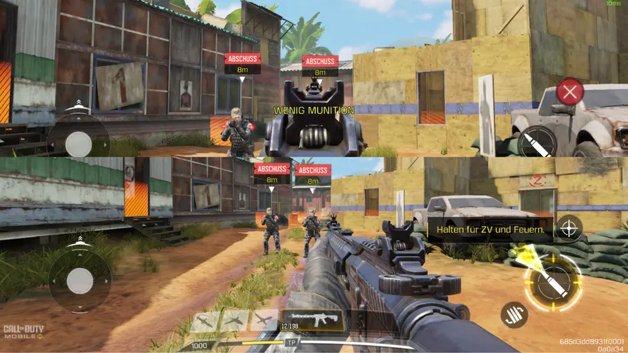 Zwei Screenshots eines Handy-Shooters aus der Ego-Perspektive.