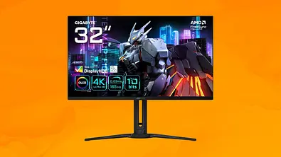 Ein Gaming Bildschirm vor einem orangenen Hintergrund - Foto: Amazon/PR