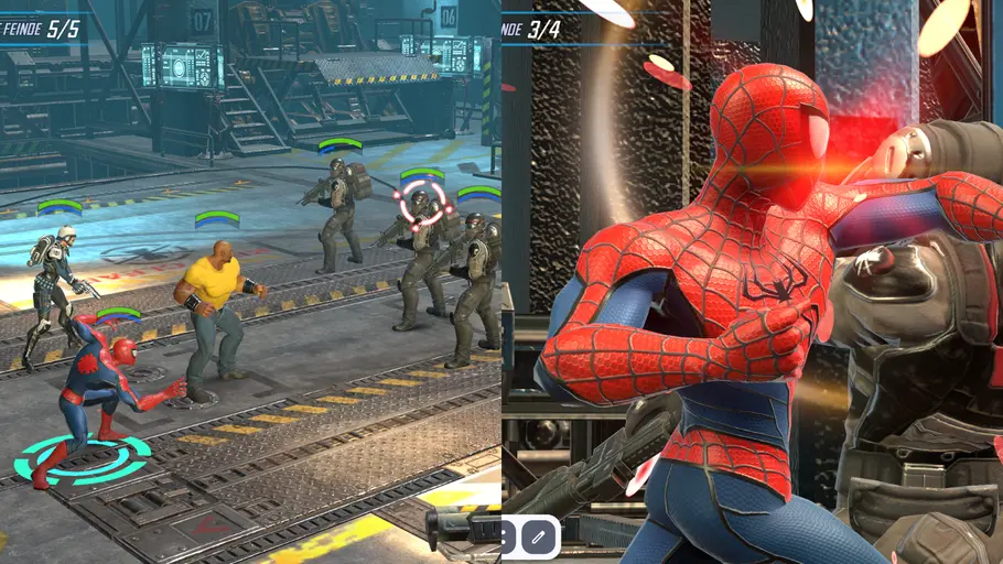 Ein Videospiel, in dem sich Spider-Man und viele Bösewichte in einer Lagerhalle gegenüberstehen.