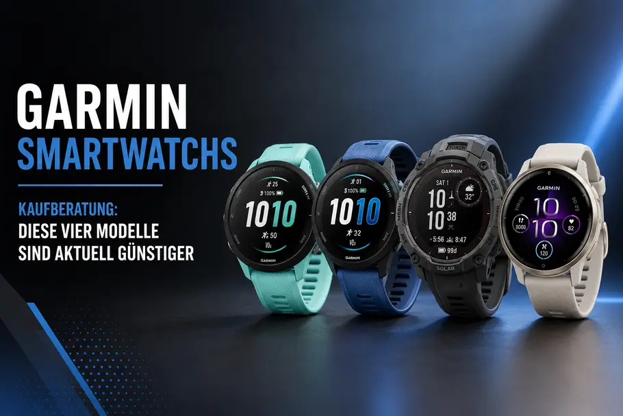 garmin-sale-amazon-tvmovie Grafik mit vier aktuellen Garmin-Smartwatches und dem Hinweis auf derzeit reduzierte Modelle bei Amazon.