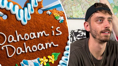Collage: Links das „Dahoam is Dahoam“-Logo auf einem Lebkuchenherz, rechts Jason Giuranna - Foto: BR und MDR/Holger Ruppert