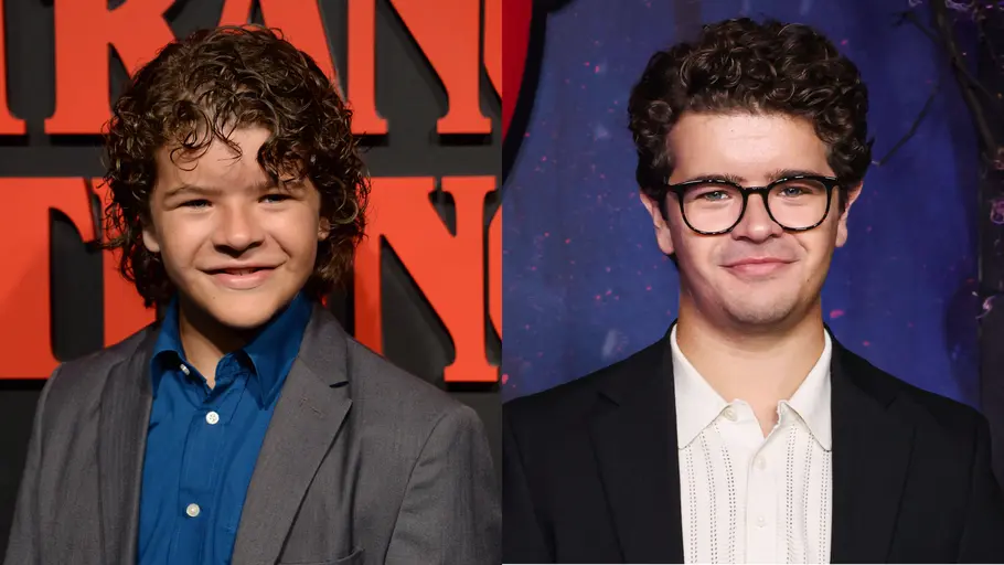 Gaten Matarazzo als Dustin Zwei Bilder nebeneinander: Links Gaten Matarazzo als junger Schauspieler mit lockigen Haaren, rechts der erwachsene Gaten Matarazzo mit Brille und Anzug auf einem Event.