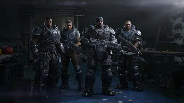 Man sieht das Gears-Team rund um Marcus Fenix mit Waffen bereitstehen. - Foto: XBOX/Microsoft/The Coalition Man sieht das Gears-Team rund um Marcus Fenix mit Waffen bereitstehen. - Foto: XBOX/Microsoft/The Coalition