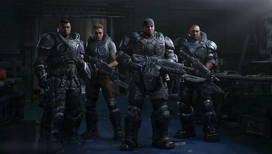 Gears of War: E-Day Man sieht das Gears-Team rund um Marcus Fenix mit Waffen bereitstehen.