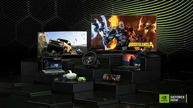 Man sieht eine Ansammlung an Hardware wie TV, Laptop, Smartphone, VR-Headset, Steam Deck & Co, die auf schwarzen Podesten aufgebaut sind. - Foto: Nvidia