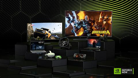 Man sieht eine Ansammlung an Hardware wie TV, Laptop, Smartphone, VR-Headset, Steam Deck & Co, die auf schwarzen Podesten aufgebaut sind. - Foto: Nvidia