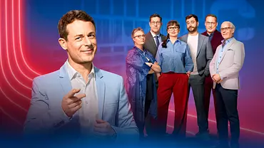 Alexander Bommes (l.) und die Jäger Adriane Rickel, Sebastian Jacoby, Annegret Schenkel, Sebastian Klussmann, Manuel Hobiger und Dr. Thomas Kinne posieren für ein Promo-Foto der Sendung „Gefragt – Gejagt“.  - Foto: ARD/ARD-Werbung/Thomas Leidig