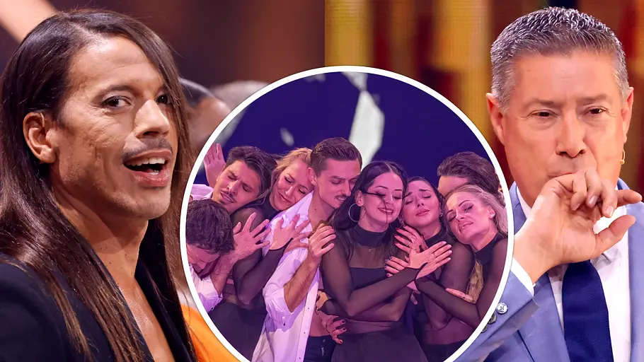 Collage: Links Jorge Gonzalez mit offenem Mund, in der Mitte die Let's Dance-Profitänzer aneinander gekuschelt, rechts Joachim Llambi. 