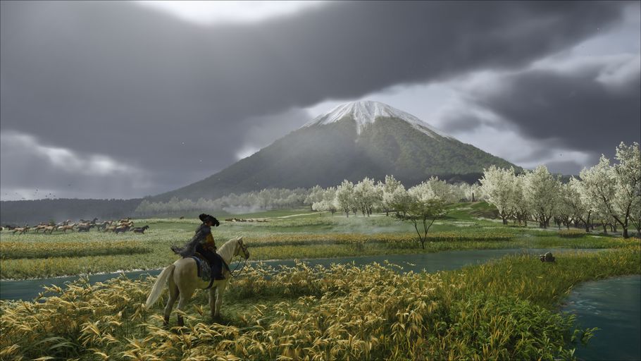Im Vordergrund sieht man Atsu auf einem Pferd. Im Hintergrund ist der von grauen Wolken umgebene Yotei Berg zu sehen!