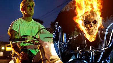 Man sieht in einer Collage Ryan Gosling auf einem Motorrad und Ghost Rider.  - Foto: IMAGO / Everett Collection