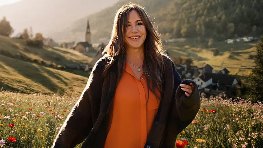 Simone Thomalla Simone Thomalla als Katja Baumann steht lächelnd auf einer Blumenwiese vor alpiner Bergkulisse und dem Dorf „Frühling“ in der ZDF-Serie „Frühling“.