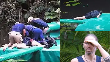 Eine Collage zeigt, wie Sanitäter über Gil Ofarim knien, den Moment seines Aufpralls und ein Foto, das den Dschungelcamper mit suchendem Blick zeigt. - Foto: RTL Eine Collage zeigt, wie Sanitäter über Gil Ofarim knien, den Moment seines Aufpralls und ein Foto, das den Dschungelcamper mit suchendem Blick zeigt. - Foto: RTL