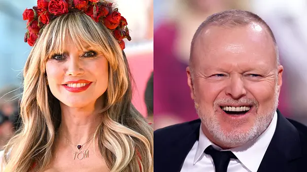 Collage von Heidi Klum beim Heidifest im roten Dirndl und einem gequält dreinblickenden Stefan Raab - Foto: IMAGO / Michel Kaers und IMAGO / Panama Pictures