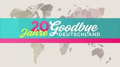 Logo der VOX-Doku-Soap „20 Jahre Goodbye Deutschland“ mit türkisfarbenem Hintergrund, pink-gelber Typografie und stilisierter Weltkarte im Hintergrund. - Foto: RTL