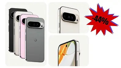 Das Google Pixel 9 Smartphone aus 3 Perspektiven und einem Rabatt-Preisschild - Foto: TVM/PR