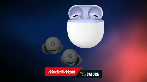 Google Pixel Buds 2a vor mehrfarbigem Hintergrund mit MMS-Logo - Foto: TV Movie