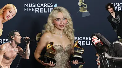 Collage von Rosé, Yungblund, Sabrina Carpenter mit Grammys, Sombr und Vessel (Sleep Token) - Foto: Collage: IMAGO / Gonzales Photo / Agencia EFE, IMAGO / ABACAPRESS, IMAGO / ZUMA Press Wire