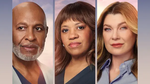 Richard Webber, Miranda Bailey und Meredith Grey sind über einer Stadtsilhouette und dem Schriftzug „Grey’s Anatomy“ abgebildet. - Foto: ABC