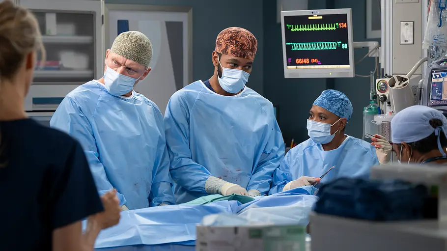 „Grey's Anatomy“ Staffel 22 Kevin McKidd als Owen Hunt, Anthony Hill als Winston Ndugu und Chandra Wilson als Miranda Bailey.