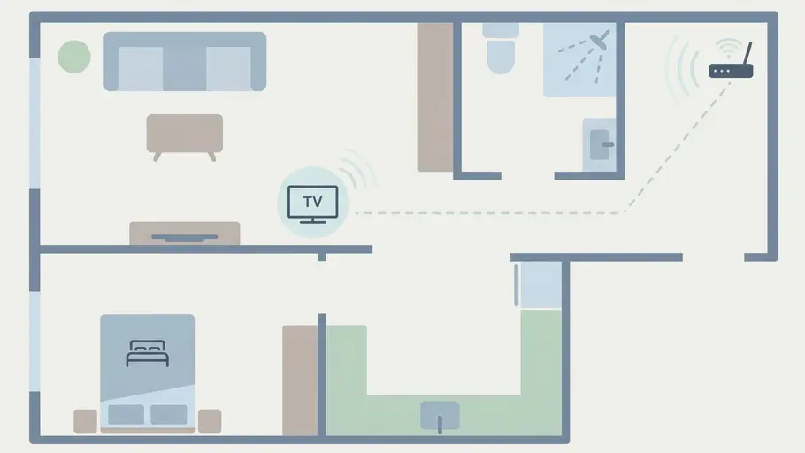 Grundriss einer Wohnung mit Router und TV ohne direkt Sichtverbindung