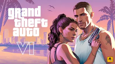 Jason und Lucia neben dem Logo von GTA 6 - Foto: Rockstar