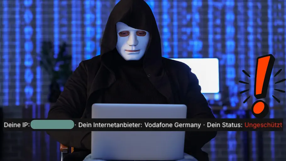 maskierter Hacker mit Kapuze guckt auf Laptop, hinter ihm kryptische digitale Symbole, unter Bildmitte eine Statusinformation mit dem Hinweis Ungeschützt, darüber ein Ausrufezeichen