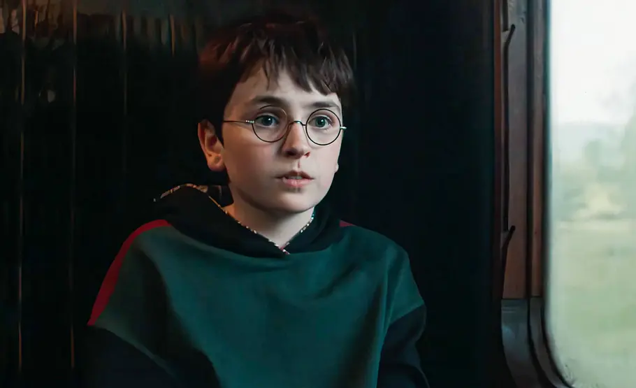 Harry Potter Serie Harry Potter sitzt im Hogwarts Express und schaut zu Ron.