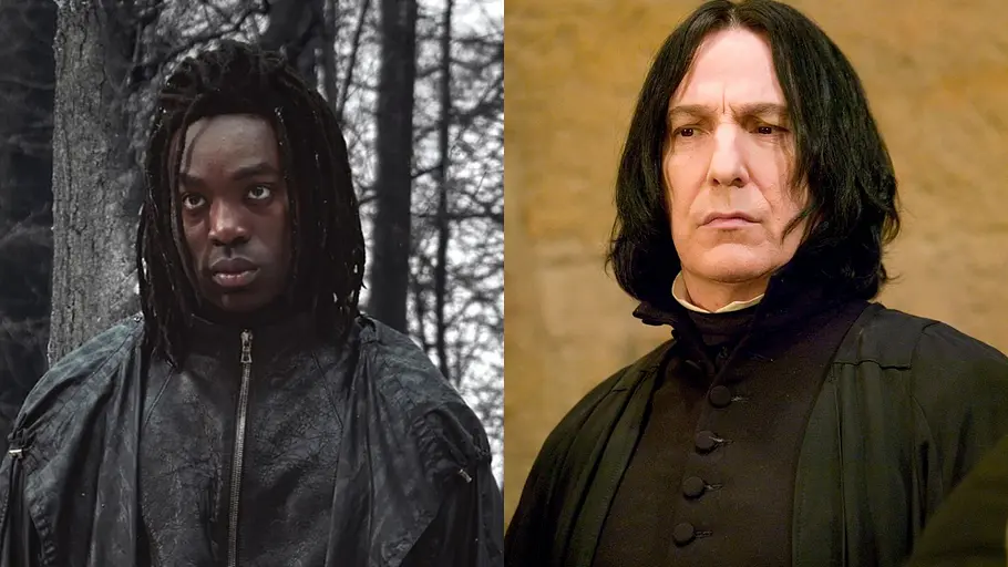„Harry Potter“ Zwei Snapes in schwarzer Kleidung: links ein Mann mit Dreadlocks im Wald, rechts ein Mann mit schulterlangen schwarzen Haaren.
