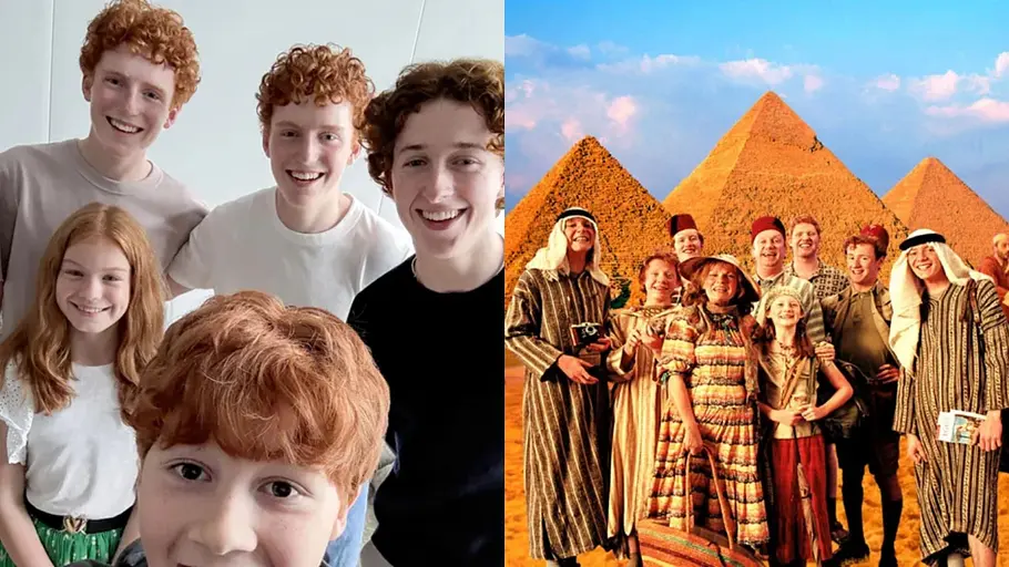 „Harry Potter“ Links posieren die fünf Weasleys mit überwiegend roten Haaren für ein Selfie, rechts steht die Familie vor Pyramiden.