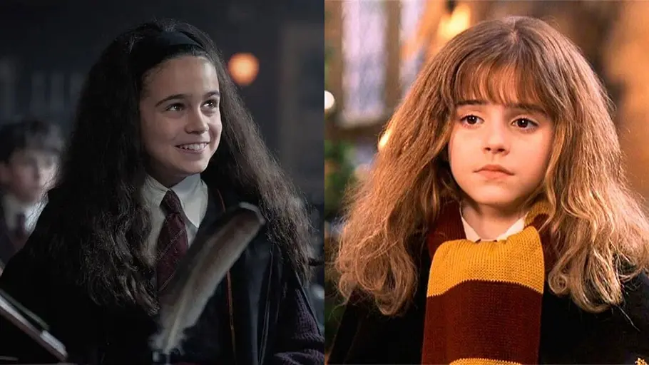 „Harry Potter“ Die zwei Versionen von Hermine nebeneinander: links mit langen dunklen Haaren und Krawatte, rechts mit braunen Haaren und rot-gelbem Schal.